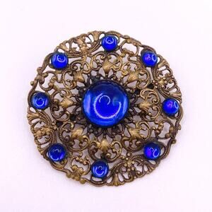 Blue Czech Glass Art Nouveau large Brooch